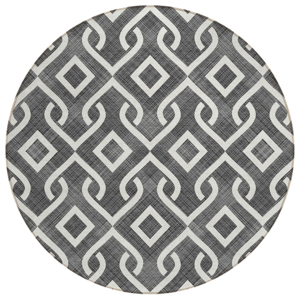 HomeRoots 5' Stylish Black and Ivory Geometric Area Rug - Durable, Washable, Perfect for Indoor & Outdoor Use 8' Round 578852