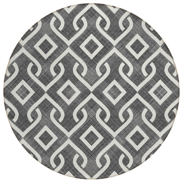 HomeRoots 5' Stylish Black and Ivory Geometric Area Rug - Durable, Washable, Perfect for Indoor & Outdoor Use 8' Round 578852