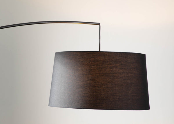 English Elm Mid-century Modern Arc Floor Lamp with Bentwood Base and Black Linen Reading Shade B202S02209