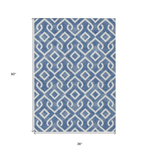 Homeroots 3' Aqua And Ivory Geometric Washable Area Rug - Perfect For Indoor Or Outdoor Spaces, Durable Design! 3' X 5' Polyester 578856