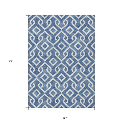 Homeroots 3' Aqua And Ivory Geometric Washable Area Rug - Perfect For Indoor Or Outdoor Spaces, Durable Design! 5' X 8' Polyester 578857