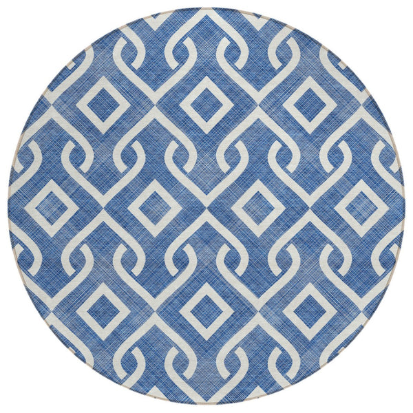 HomeRoots 5' Blue and Ivory Geometric Indoor Outdoor Area Rug - Stylish, Durable, and Machine-Washable Design 8' Round 578858