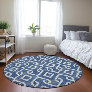 Homeroots 3' Aqua And Ivory Geometric Washable Area Rug - Perfect For Indoor Or Outdoor Spaces, Durable Design! 8' Round Polyester 578858