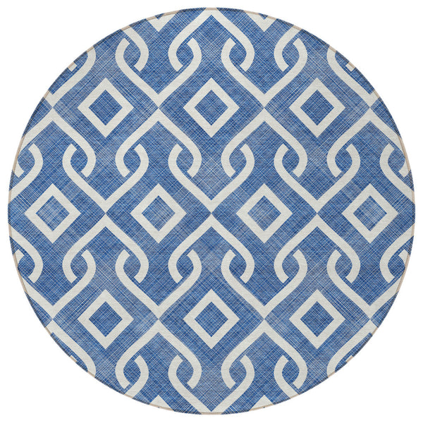 Homeroots 3' Aqua And Ivory Geometric Washable Area Rug - Perfect For Indoor Or Outdoor Spaces, Durable Design! 8' Round Polyester 578858