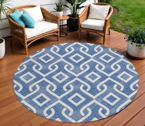 Homeroots 3' Aqua And Ivory Geometric Washable Area Rug - Perfect For Indoor Or Outdoor Spaces, Durable Design! 8' Round Polyester 578858