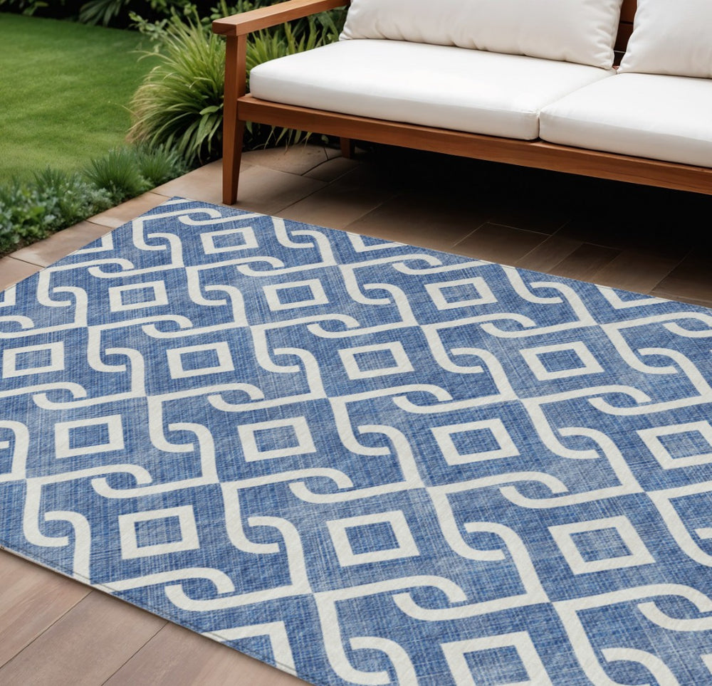 HomeRoots 5' Blue and Ivory Geometric Indoor Outdoor Area Rug - Stylish, Durable, and Machine-Washable Design 8' X 10' 578859