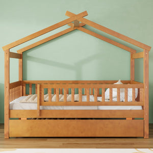 English Elm Twin House Bed with Trundle Solid Pine Frame Walnut Kids Bedroom Sleepover N708P357115L