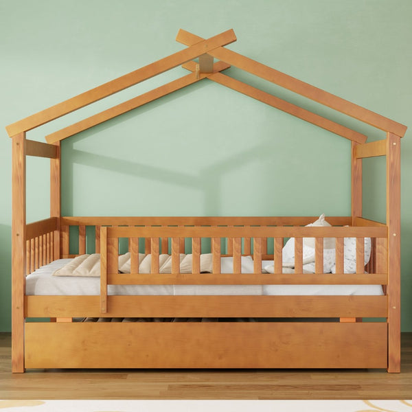 English Elm Twin House Bed with Trundle Solid Pine Frame Walnut Kids Bedroom Sleepover N708P357115L