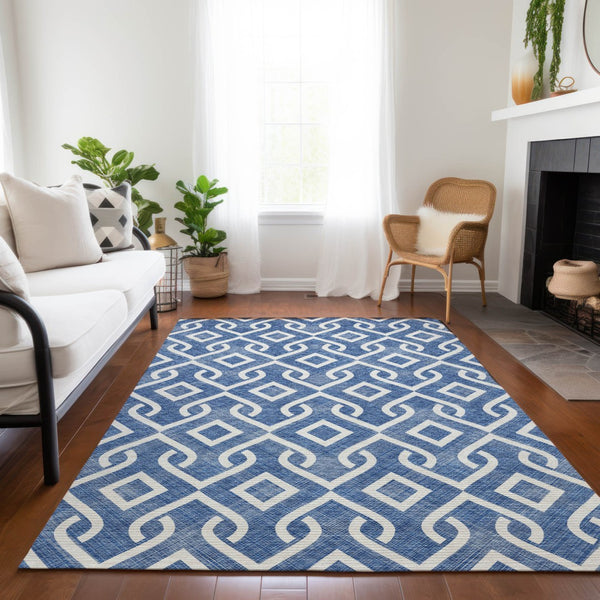 Homeroots 3' Aqua And Ivory Geometric Washable Area Rug - Perfect For Indoor Or Outdoor Spaces, Durable Design! 9' X 12' Polyester 578860