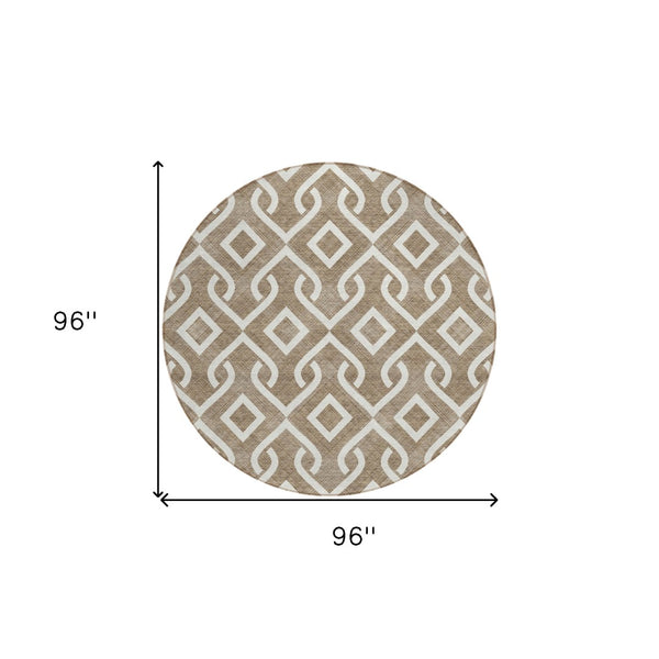 HomeRoots 5' Brown and Ivory Geometric Area Rug - Stylish, Washable, Durable for Indoor and Outdoor Spaces 8' Round 578870