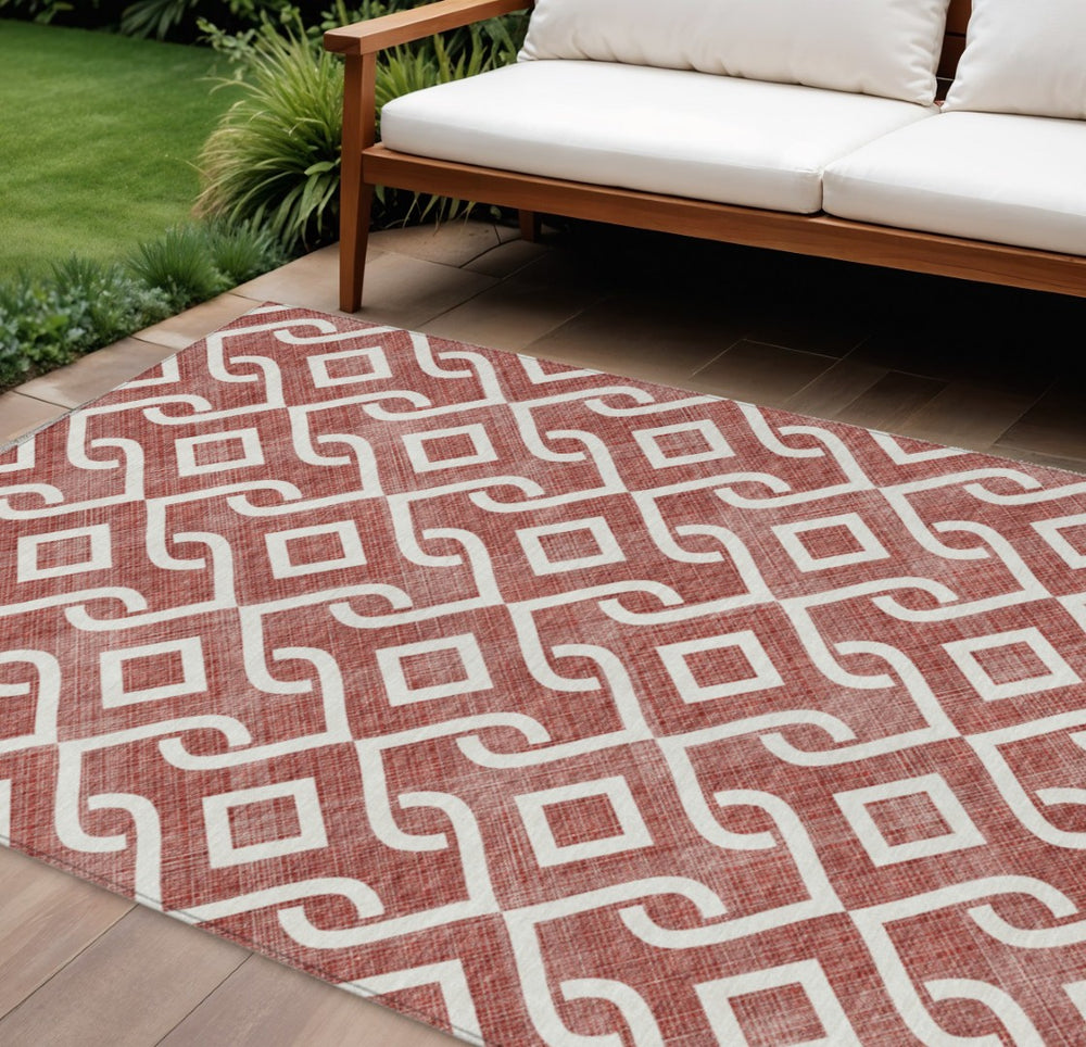 HomeRoots 5' Modern Burgundy and Ivory Geometric Indoor Outdoor Area Rug - Durable, Washable, Versatile Comfort 10' X 14' 578879