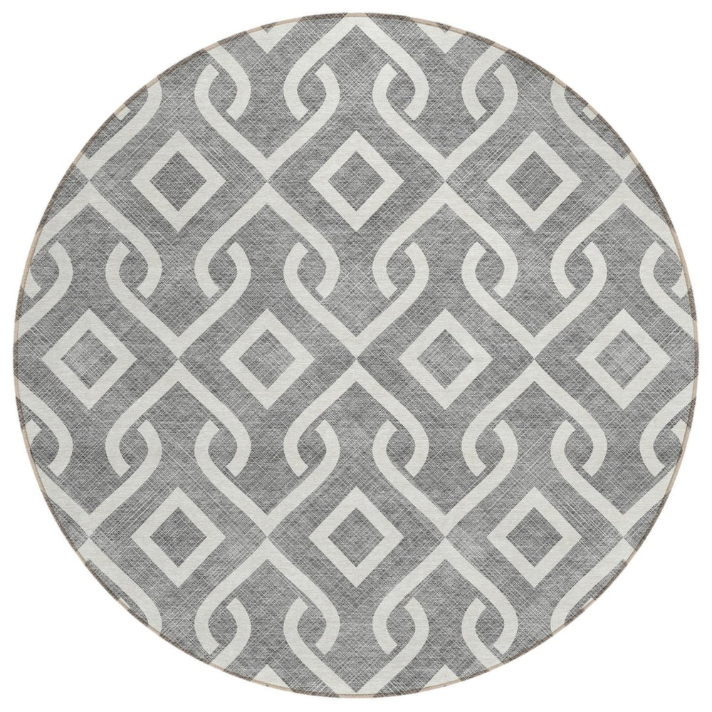 HomeRoots 5' Gray and Ivory Geometric Area Rug - Durable, Washable, Stylish for Indoor and Outdoor Spaces 8' Round 578894
