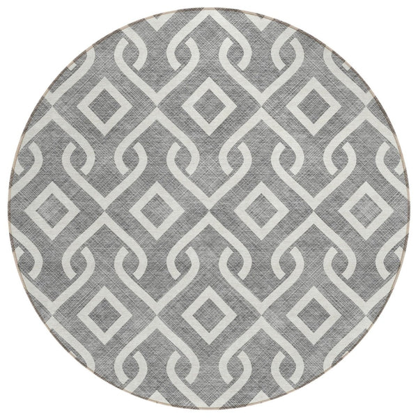 HomeRoots 5' Gray and Ivory Geometric Area Rug - Durable, Washable, Stylish for Indoor and Outdoor Spaces 8' Round 578894