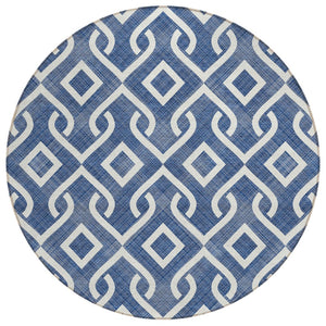 HomeRoots 5' Navy Blue and Ivory Geometric Area Rug - Stylish, Washable Design for Indoor and Outdoor Spaces 8' Round 578924