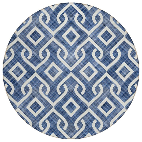 HomeRoots 5' Navy Blue and Ivory Geometric Area Rug - Stylish, Washable Design for Indoor and Outdoor Spaces 8' Round 578924