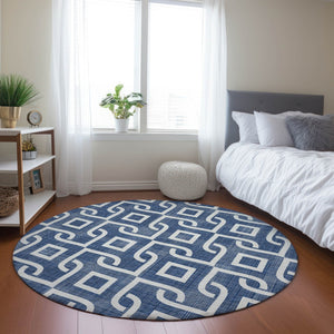 Homeroots 3' Aqua And Ivory Geometric Washable Area Rug - Perfect For Indoor Or Outdoor Spaces, Durable Design! 8' Round Polyester 578924