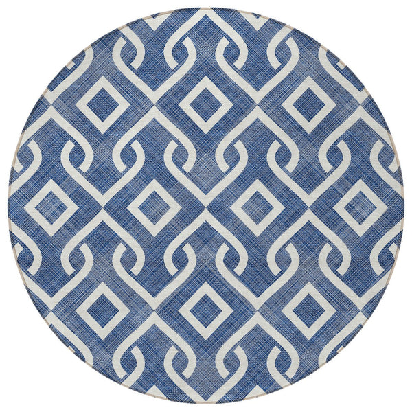 Homeroots 3' Aqua And Ivory Geometric Washable Area Rug - Perfect For Indoor Or Outdoor Spaces, Durable Design! 8' Round Polyester 578924