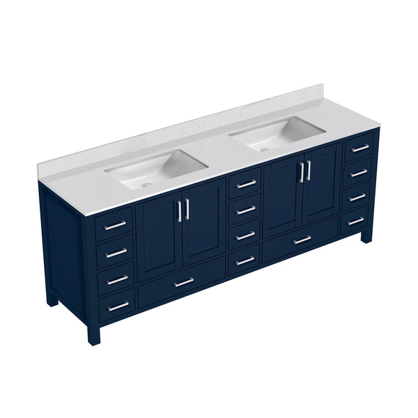 English Elm Navy Double Bath Vanity 84" W x 22" D with White Quartz Top – Solid Wood, Soft-Close, 14 Drawers B2731P258990
