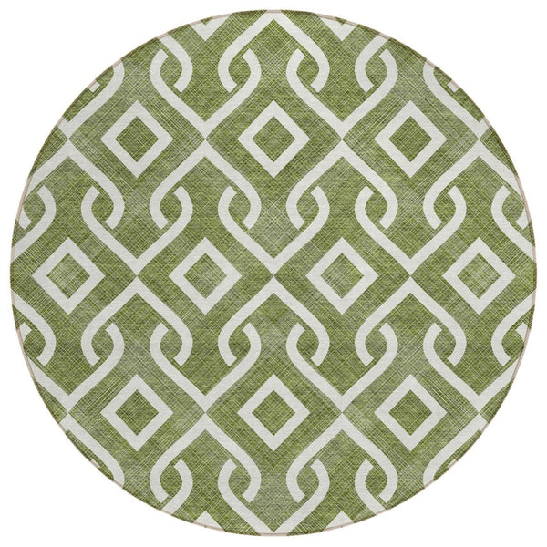 HomeRoots 5' Olive Green and Ivory Geometric Area Rug - Stylish, Washable, Durable for Indoor and Outdoor Spaces 8' Round 578930