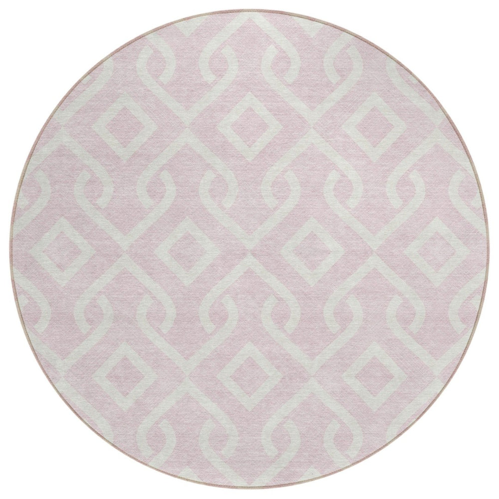 HomeRoots 5' Pink and Ivory Geometric Area Rug - Stylish, Washable Design for Indoor/Outdoor Versatility 8' Round 578942