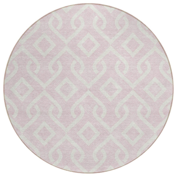 HomeRoots 5' Pink and Ivory Geometric Area Rug - Stylish, Washable Design for Indoor/Outdoor Versatility 8' Round 578942