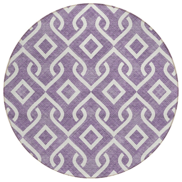 HomeRoots 5' Bold Purple and Ivory Geometric Area Rug – Stylish, Washable, Indoor/Outdoor Durable Design 8' Round 578948