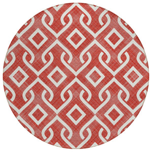 HomeRoots 5' Red and Ivory Geometric Area Rug - Stylish & Washable for Indoor/Outdoor High-Traffic Spaces 8' Round 578954