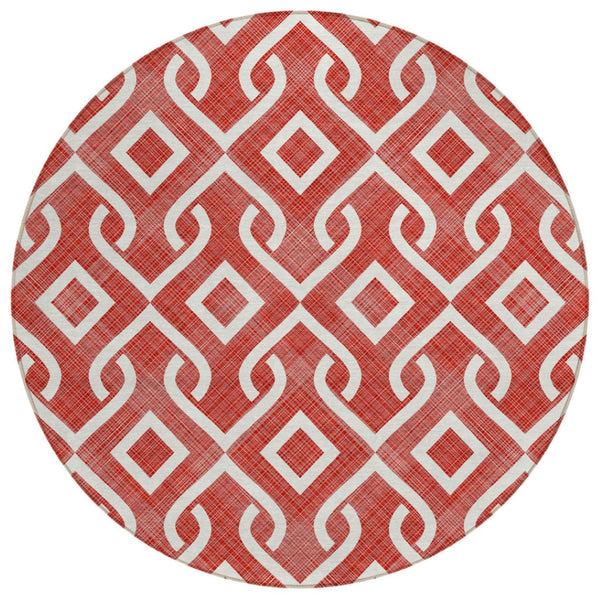 HomeRoots 5' Red and Ivory Geometric Area Rug - Stylish & Washable for Indoor/Outdoor High-Traffic Spaces 8' Round 578954