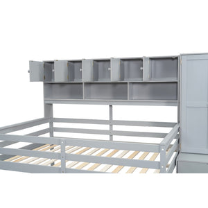English Elm Full Size Gray Loft Bed with Rolling Desk Wardrobe Staircase and Headboard Shelving LT000852AAE