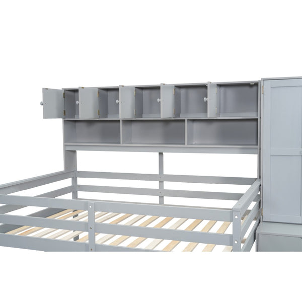 English Elm Full Size Gray Loft Bed with Rolling Desk Wardrobe Staircase and Headboard Shelving LT000852AAE