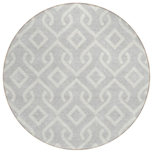 HomeRoots 5' Stylish Silver and Ivory Geometric Washable Area Rug for Indoor and Outdoor High-Traffic Spaces 8' Round 578966