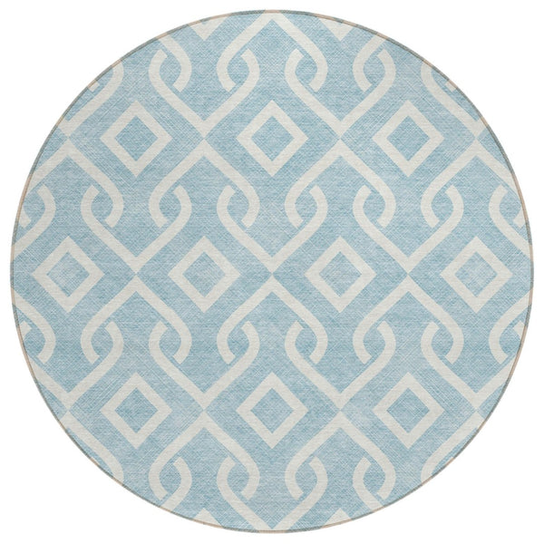 HomeRoots 5' Sky Blue and Ivory Geometric Area Rug - Durable, Washable, Indoor-Outdoor Design for Modern Spaces 8' Round 578972