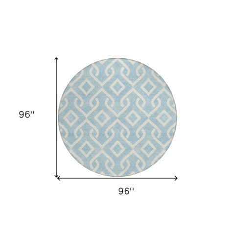 Homeroots 3' Aqua And Ivory Geometric Washable Area Rug - Perfect For Indoor Or Outdoor Spaces, Durable Design! 8' Round Polyester 578972