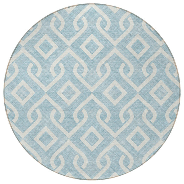 Homeroots 3' Aqua And Ivory Geometric Washable Area Rug - Perfect For Indoor Or Outdoor Spaces, Durable Design! 8' Round Polyester 578972