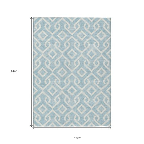 Homeroots 3' Aqua And Ivory Geometric Washable Area Rug - Perfect For Indoor Or Outdoor Spaces, Durable Design! 9' X 12' Polyester 578974