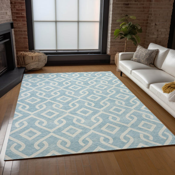 Homeroots 3' Aqua And Ivory Geometric Washable Area Rug - Perfect For Indoor Or Outdoor Spaces, Durable Design! 10' X 14' Polyester 578975