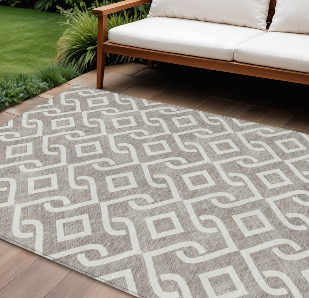 HomeRoots 5' Taupe and Ivory Geometric Indoor Outdoor Area Rug – Stylish, Durable, Washable for All Spaces 10' X 14' 578981