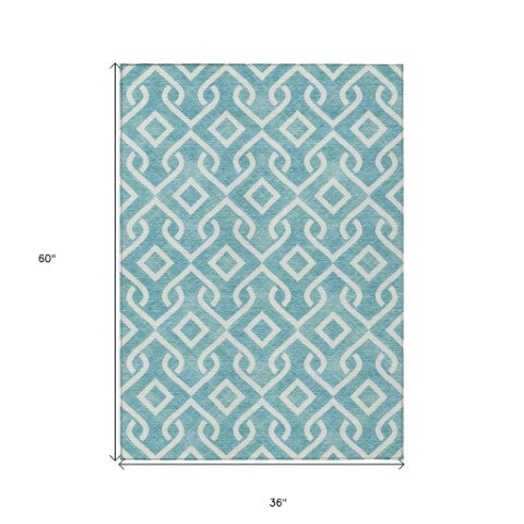 Homeroots 3' Aqua And Ivory Geometric Washable Area Rug - Perfect For Indoor Or Outdoor Spaces, Durable Design! 3' X 5' Polyester 578982