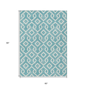 Homeroots 3' Aqua And Ivory Geometric Washable Area Rug - Perfect For Indoor Or Outdoor Spaces, Durable Design! 5' X 8' Polyester 578983