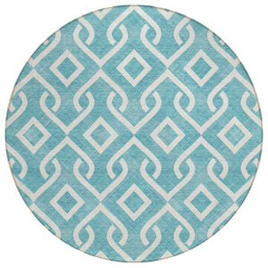 HomeRoots 5' Teal Blue and Ivory Geometric Area Rug – Durable, Washable Design for Indoor and Outdoor Spaces 8' Round 578984