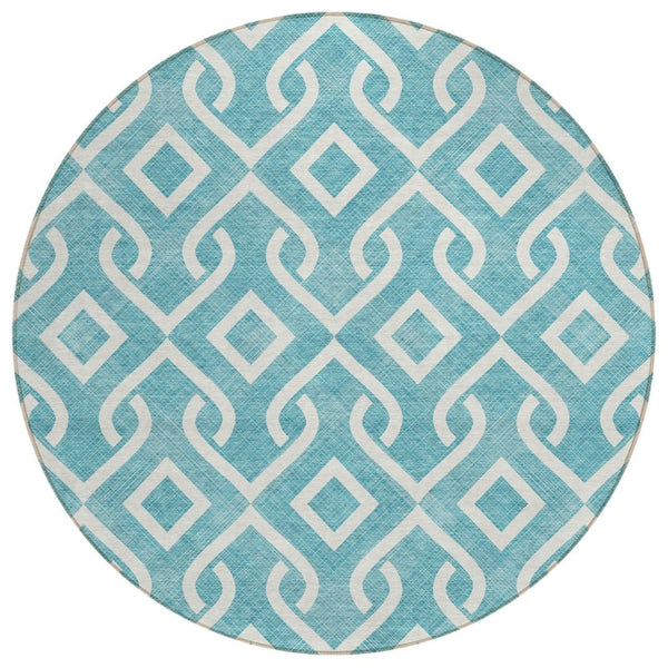 HomeRoots 5' Teal Blue and Ivory Geometric Area Rug – Durable, Washable Design for Indoor and Outdoor Spaces 8' Round 578984