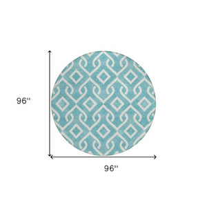Homeroots 3' Aqua And Ivory Geometric Washable Area Rug - Perfect For Indoor Or Outdoor Spaces, Durable Design! 8' Round Polyester 578984