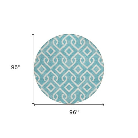 Homeroots 3' Aqua And Ivory Geometric Washable Area Rug - Perfect For Indoor Or Outdoor Spaces, Durable Design! 8' Round Polyester 578984