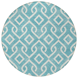 Homeroots 3' Aqua And Ivory Geometric Washable Area Rug - Perfect For Indoor Or Outdoor Spaces, Durable Design! 8' Round Polyester 578984