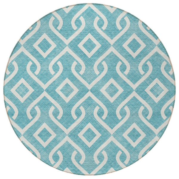 Homeroots 3' Aqua And Ivory Geometric Washable Area Rug - Perfect For Indoor Or Outdoor Spaces, Durable Design! 8' Round Polyester 578984