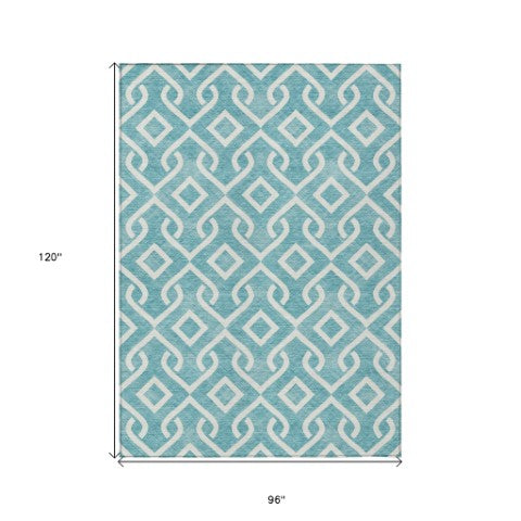 Homeroots 3' Aqua And Ivory Geometric Washable Area Rug - Perfect For Indoor Or Outdoor Spaces, Durable Design! 8' X 10' Polyester 578985