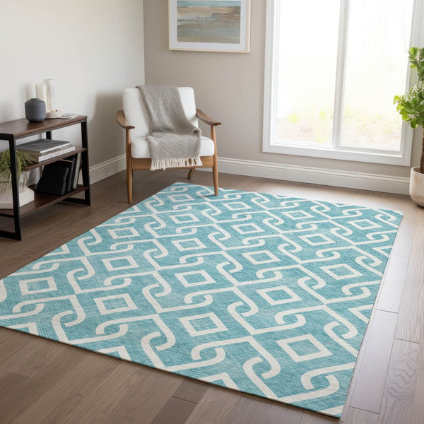 Homeroots 3' Aqua And Ivory Geometric Washable Area Rug - Perfect For Indoor Or Outdoor Spaces, Durable Design! 8' X 10' Polyester 578985