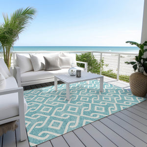 Homeroots 3' Aqua And Ivory Geometric Washable Area Rug - Perfect For Indoor Or Outdoor Spaces, Durable Design! 9' X 12' Polyester 578986