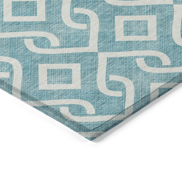 Homeroots 3' Aqua And Ivory Geometric Washable Area Rug - Perfect For Indoor Or Outdoor Spaces, Durable Design! 10' X 14' Polyester 578987