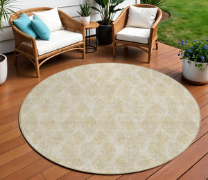 Homeroots 3' Stylish Beige Taupe Geometric Washable Area Rug For Indoor And Outdoor Spaces, Durable Design 8' Round Polyester 578996
